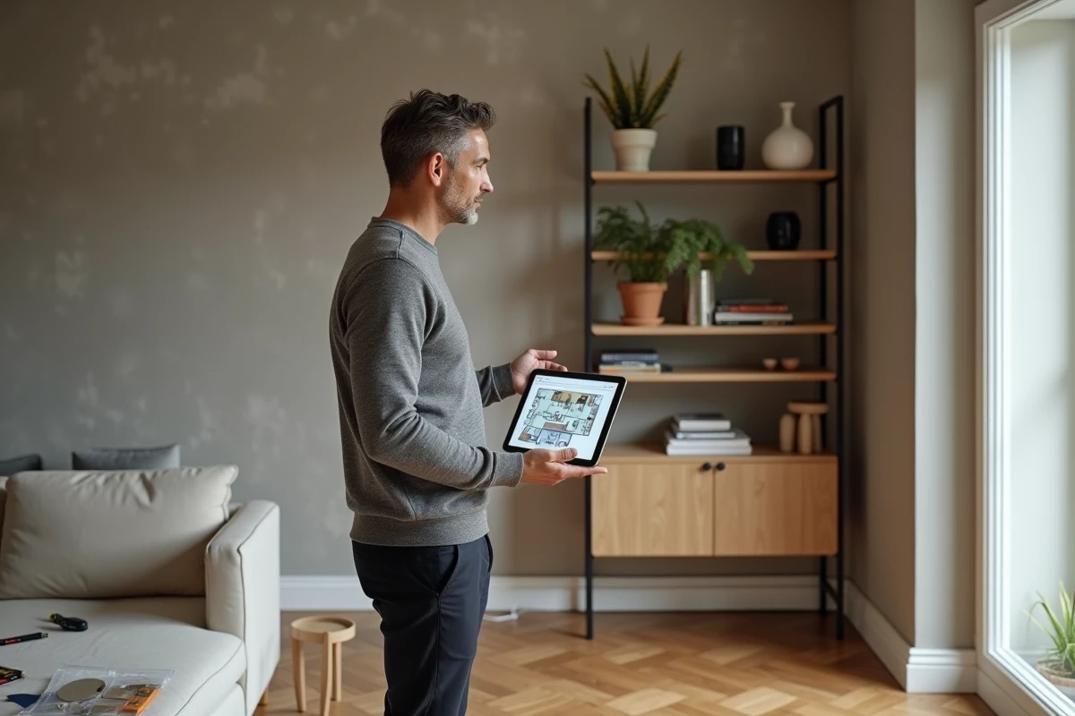 Professionnel de la décoration utilisant une tablette pour planifier l'aménagement d'un appartement en rénovation