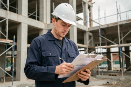 Professionnel du BTP en casque blanc consultant des documents de formation sur un chantier de construction
