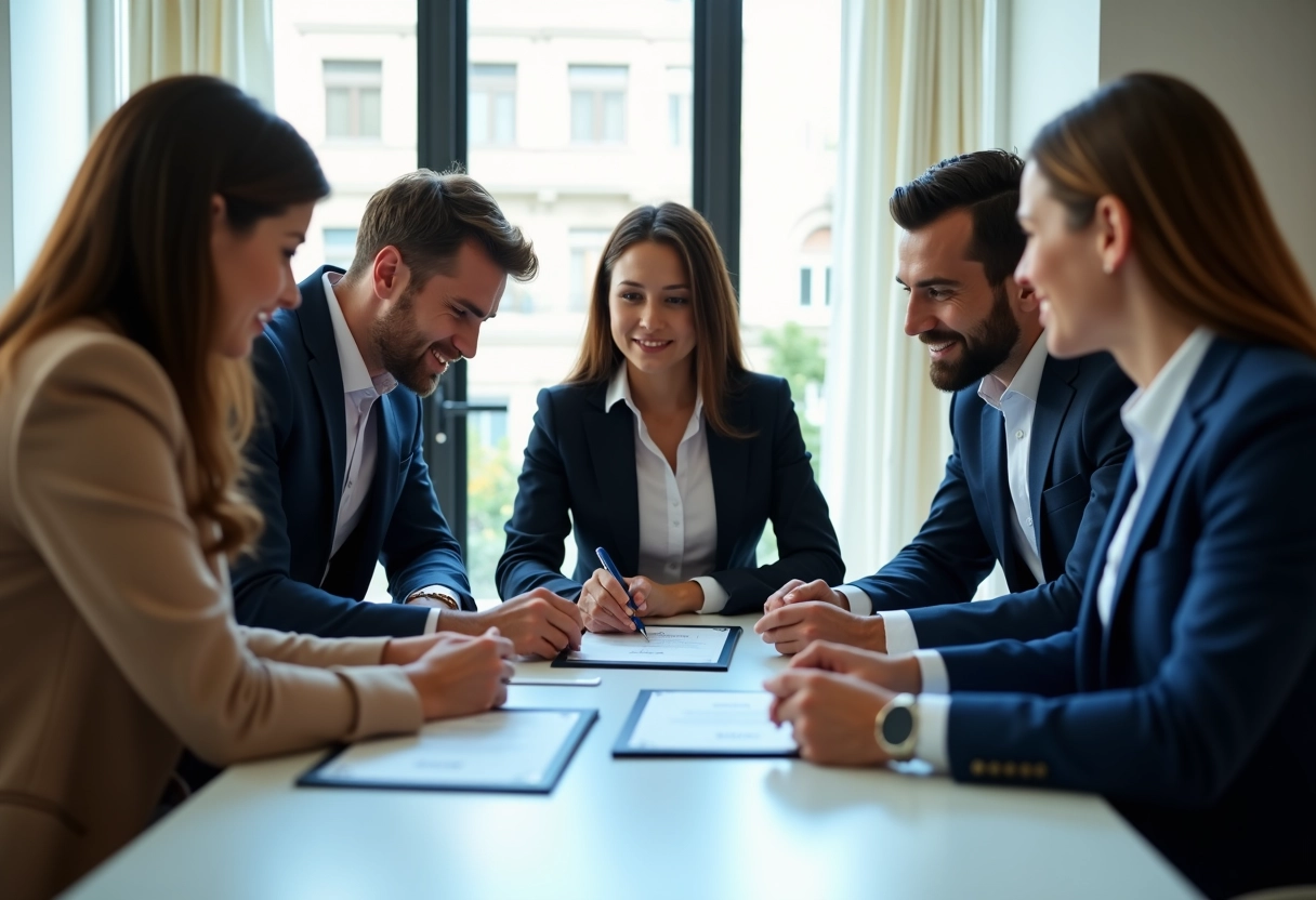 Groupe de professionnels discutant autour de certificats dans une salle lumineuse