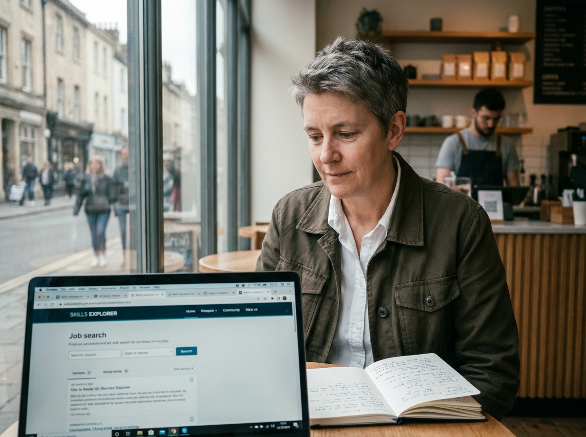 Personne quinquagénaire envisageant un changement de métier dans un café avec un ordinateur portable