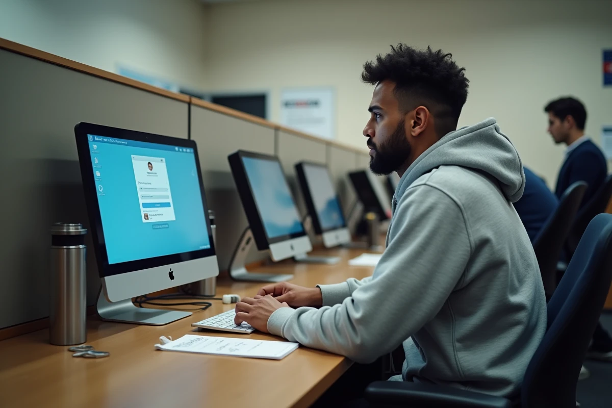 Utilisateur consultant un poste informatique universitaire pour récupérer l'accès à sa messagerie académique Clermont-Ferrand