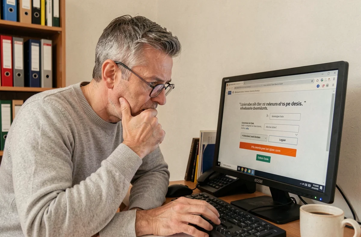Homme en télétravail tentant de résoudre une erreur de connexion au portail administratif métier 76 depuis son bureau à domicile