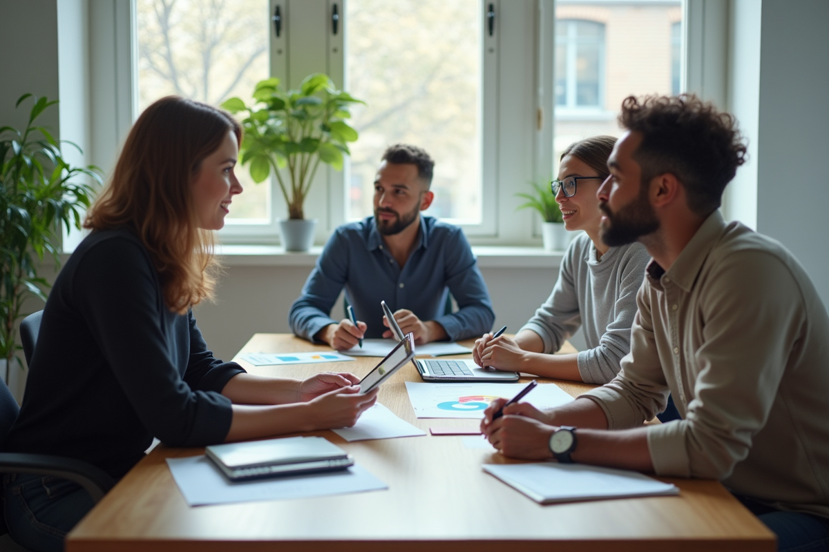 Trois personnes en réunion dans un espace de coworking lumineux