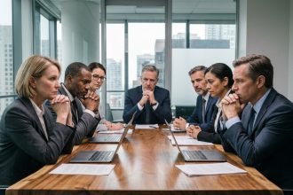 Photo hyperrealiste de six dirigeants en réunion formelle