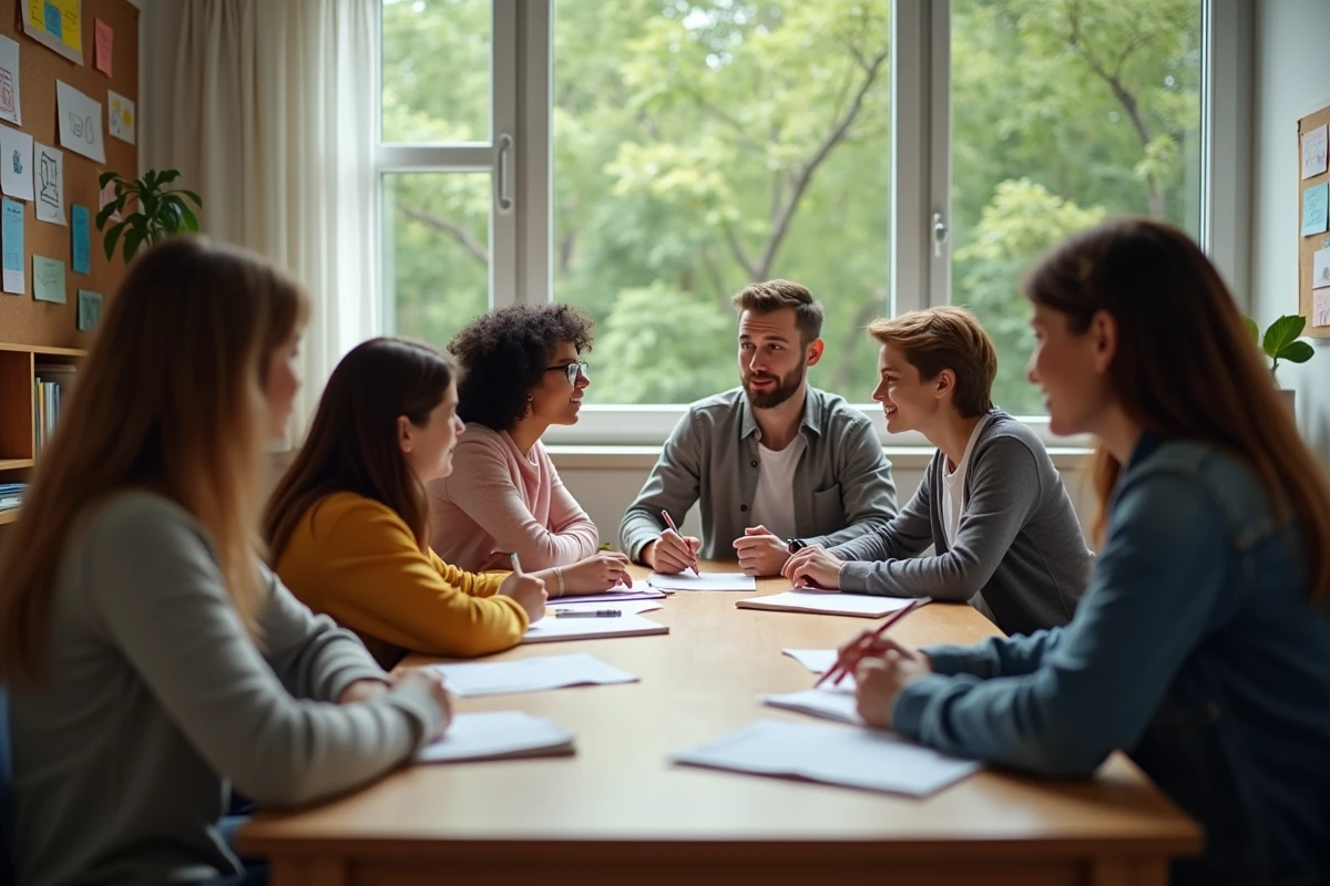 Groupe d'enseignants et parents en réunion scolaire chaleureuse