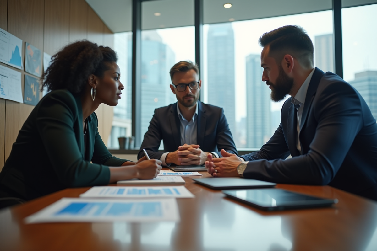 Groupe de professionnels en discussion dans une salle de réunion