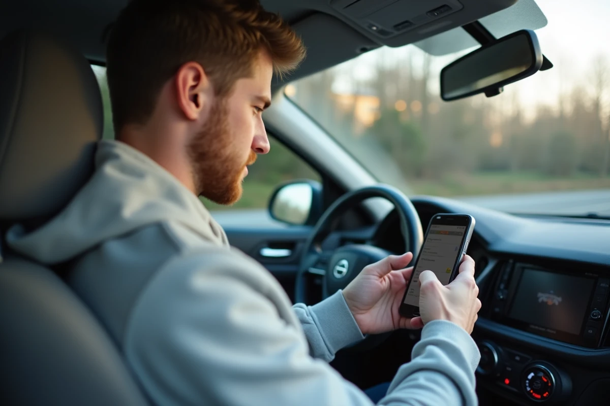 Jeune homme révisant les questions du code de la route sur smartphone assis dans une voiture garée