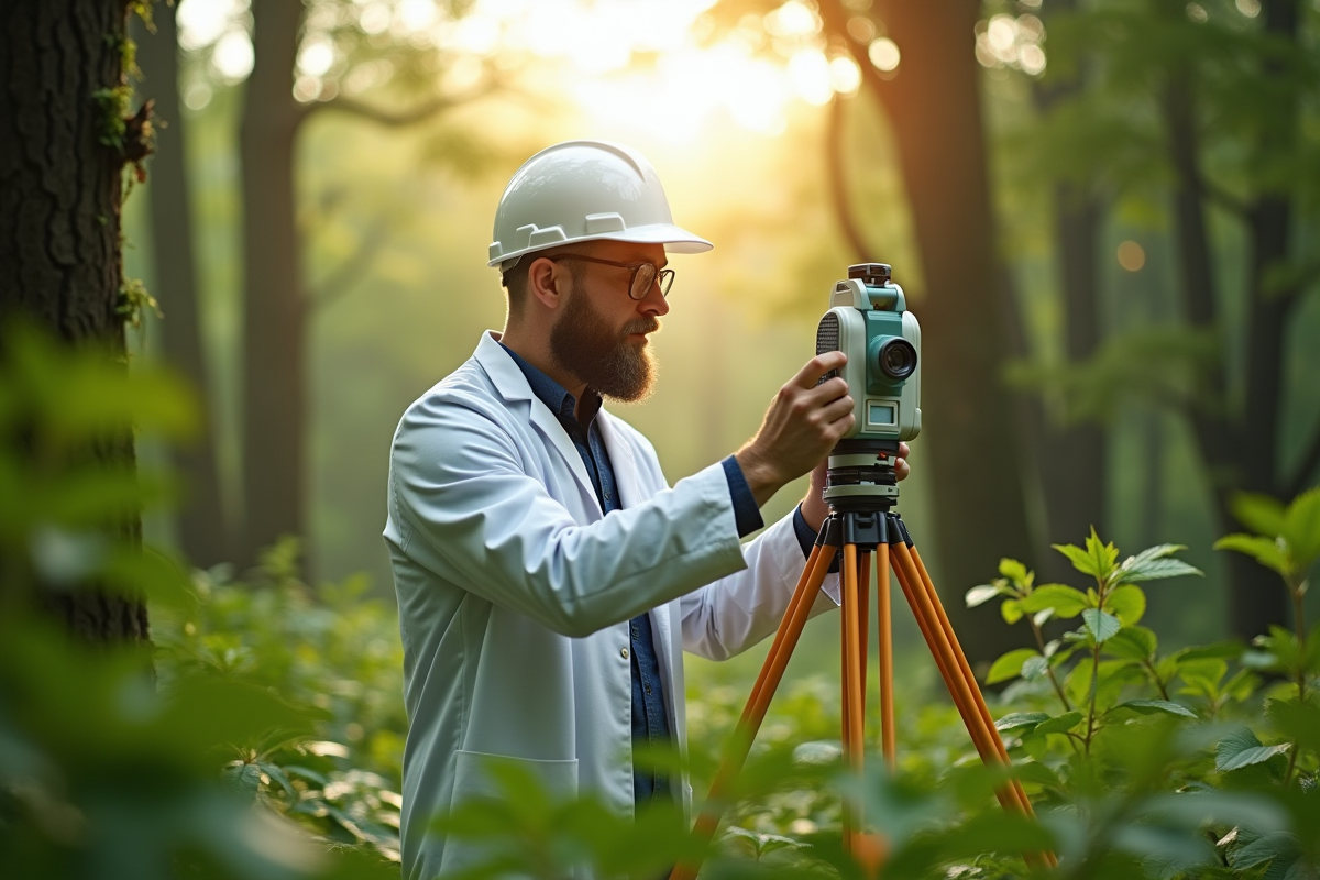 Scientifique ajustant un appareil de surveillance climatique en forêt