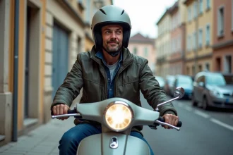 Homme assis sur un scooter 125 cm3 dans une rue résidentielle française, illustrant la conduite d'un 125 avec le permis B