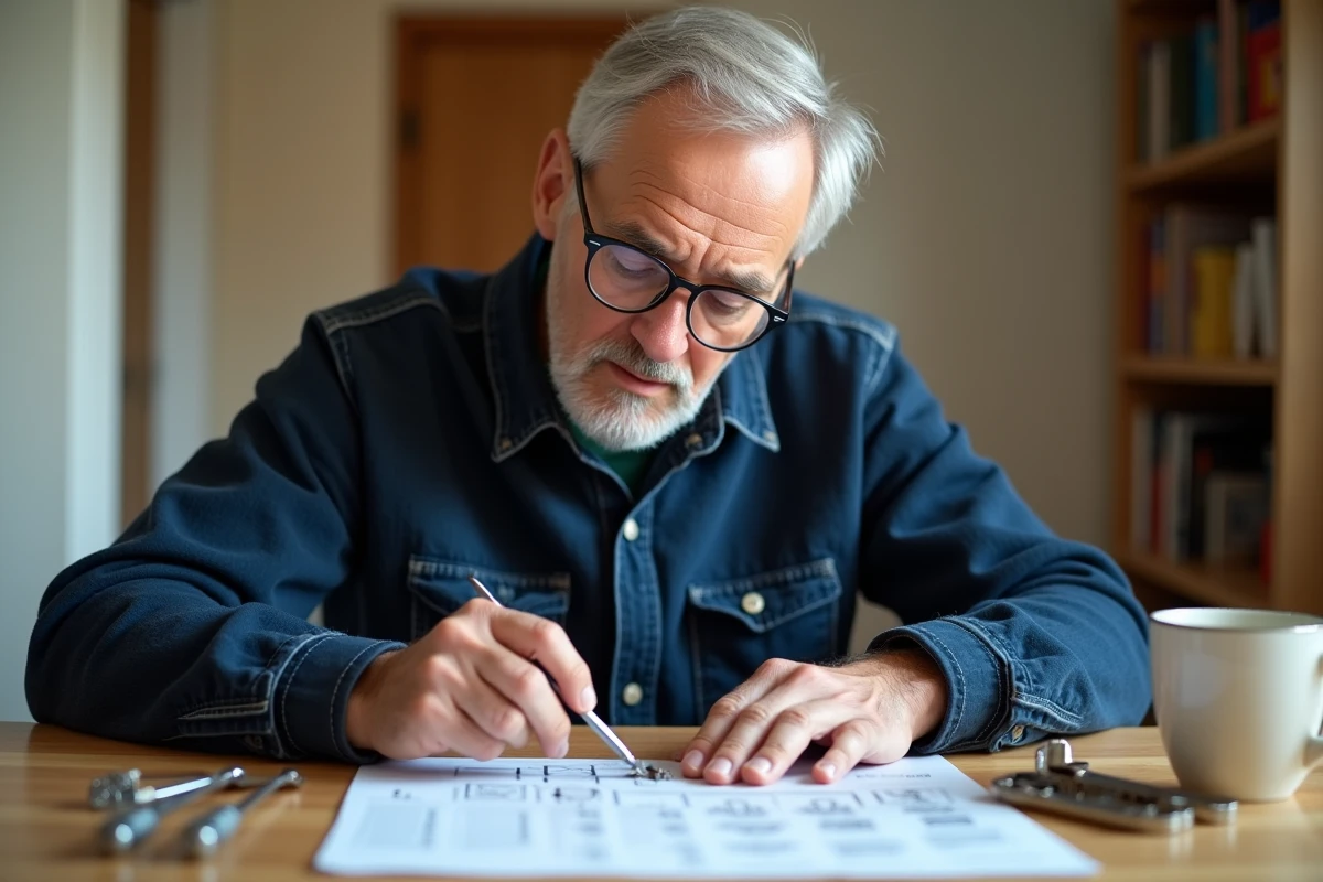 Senior en train d'étudier un guide de bricolage à domicile avec des outils pour réparation, apprentissage autonome
