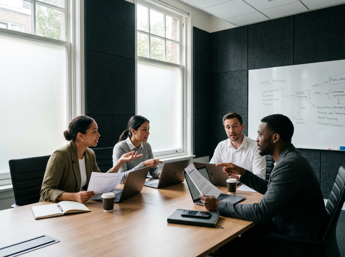 Équipe hôtelière en session de formation management autour d'une table de conférence moderne dans un hôtel