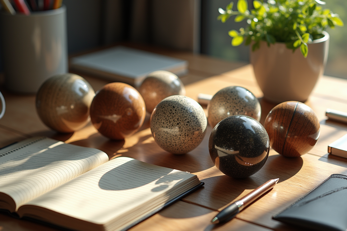 Sphères en verre bois métal pierre et cristal sur un bureau en bois