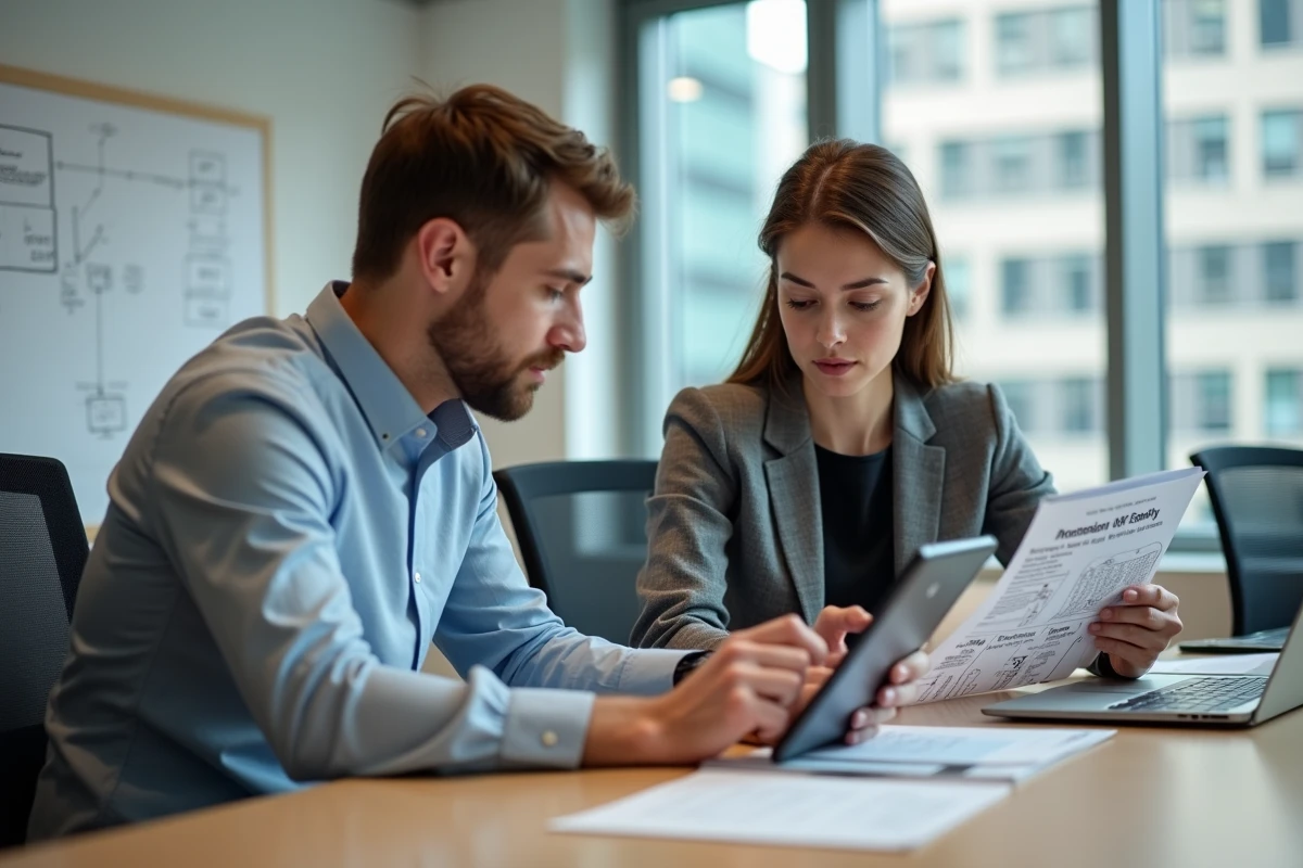 Deux stagiaires en formation étudiant ensemble des documents PDF Habilec 8 en salle de cours