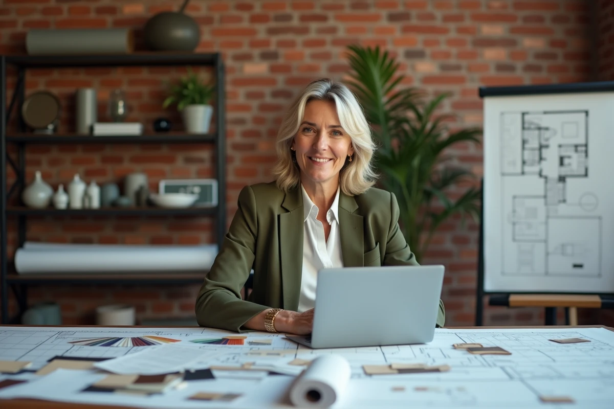 Décoratrice d'intérieur en formation personnalisée par visioconférence dans un studio créatif professionnel avec plans et matériaux