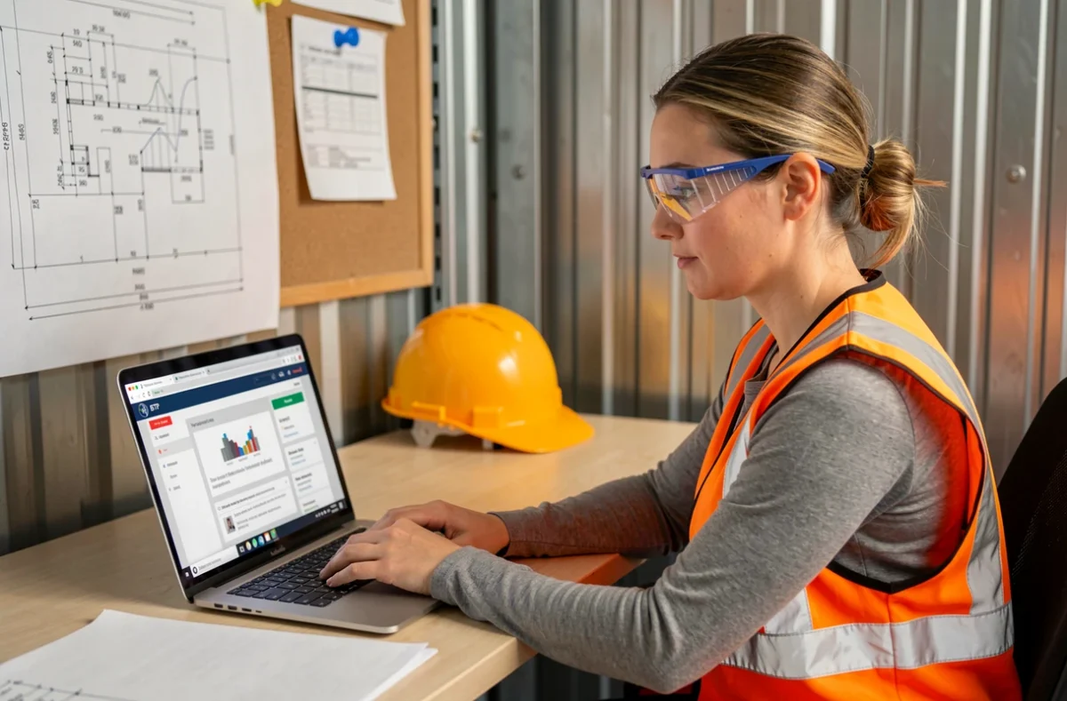 Femme technicienne BTP consultant une formation en ligne sur ordinateur dans un bureau de chantier