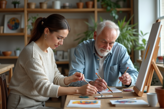 Art-thérapeute femme guidant un client lors d'une séance de peinture