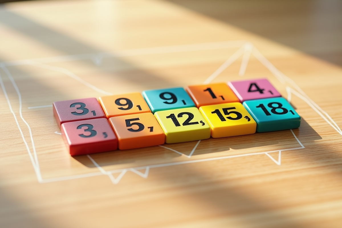 Tuiles colorées avec la séquence 3 6 9 12 15 18 sur une table en bois