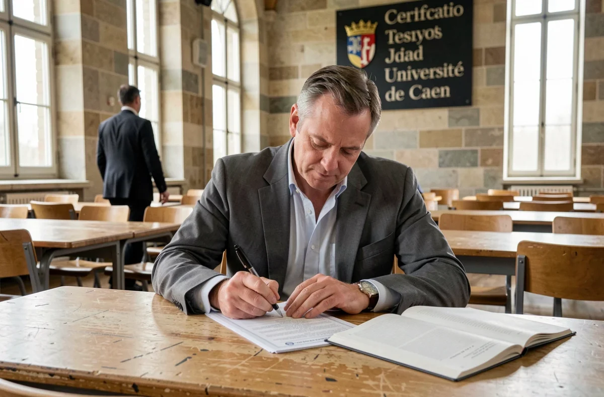 Candidat adulte passant une certification officielle en langues dans une salle d'examen de l'Université de Caen, sous la surveillance d'un examinateur