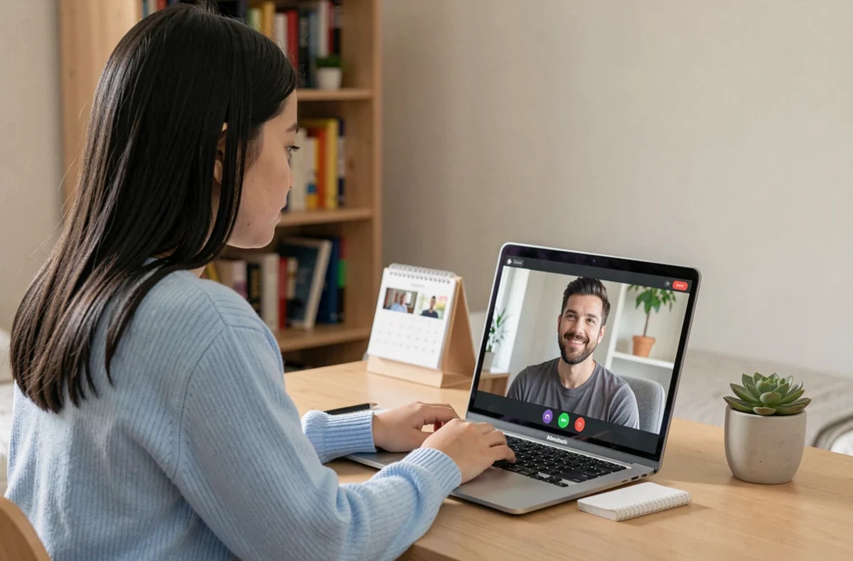 Une lycéenne suit un cours en ligne avec un tuteur via la plateforme Voscours depuis sa chambre