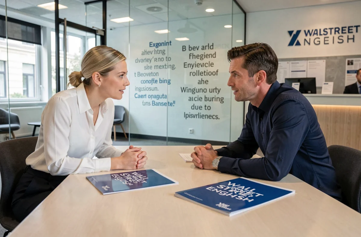 Professionnelle en formation d'anglais des affaires avec un coach natif dans une salle moderne du centre Wall Street English de Caen